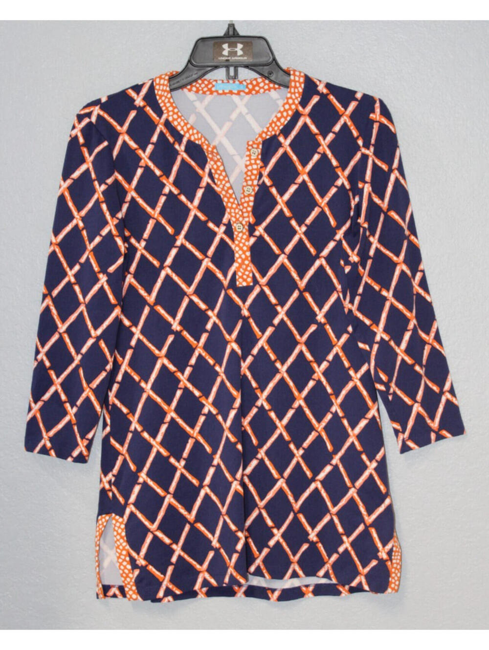 J. McLaughlin Catalina Biscayne Navy Orange Henley Tunic Stretch Shirt Top Small